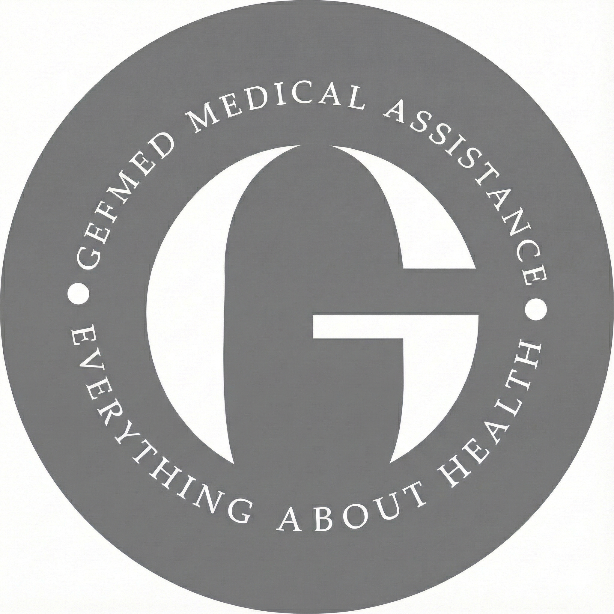 GEFMED sağlık kuruluşunun logosu, yuvarlak bir tasarım içinde "GEFMED MEDICAL ASSISTANCE" ve "EVERYTHING ABOUT HEALTH" yazıları bulunmaktadır.
